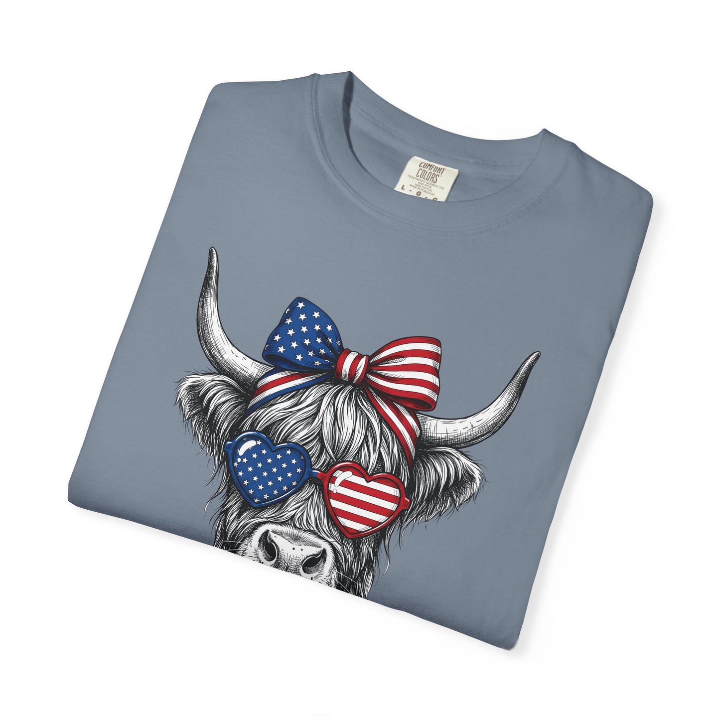COMFORT COLORS - Patriotic Highland Cow T-Shirt — American Flag Heart Sunglasses