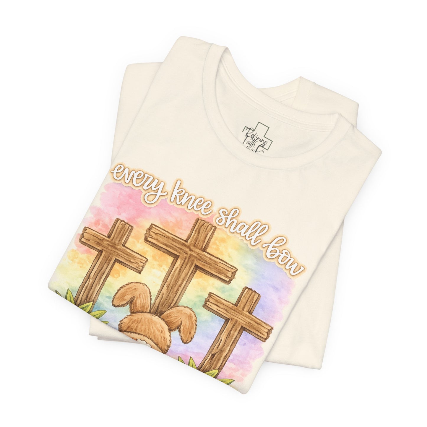 BELLA  CANVAS - Easter Bunny Kneeling at Crosses T‑Shirt — Christian Easter Faith Tee