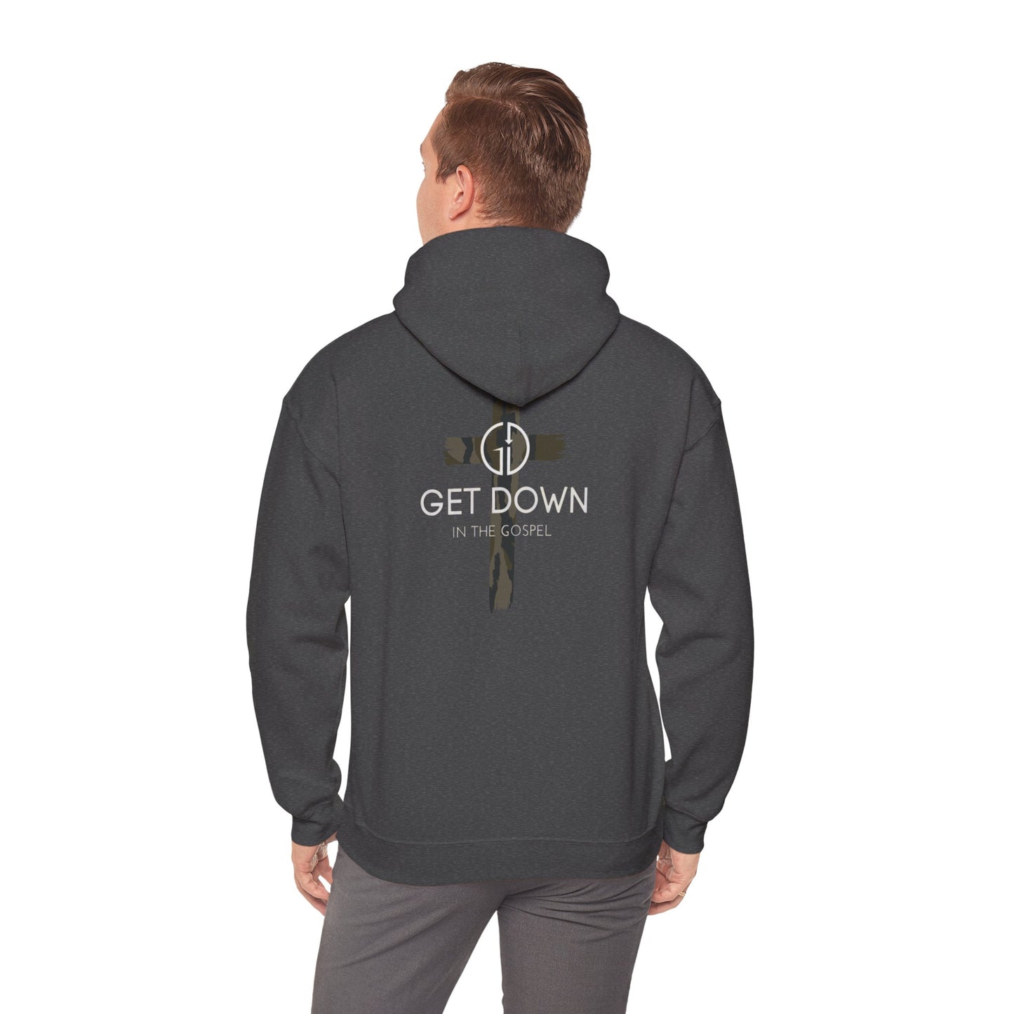 GET DOWN IN THE GOSPEL ADULT HOODIE GREEN CAMO CROSS