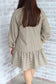 Khaki Stripe Zip up Collared Puff Sleeve Ruffled Plus Size Mini Dress
