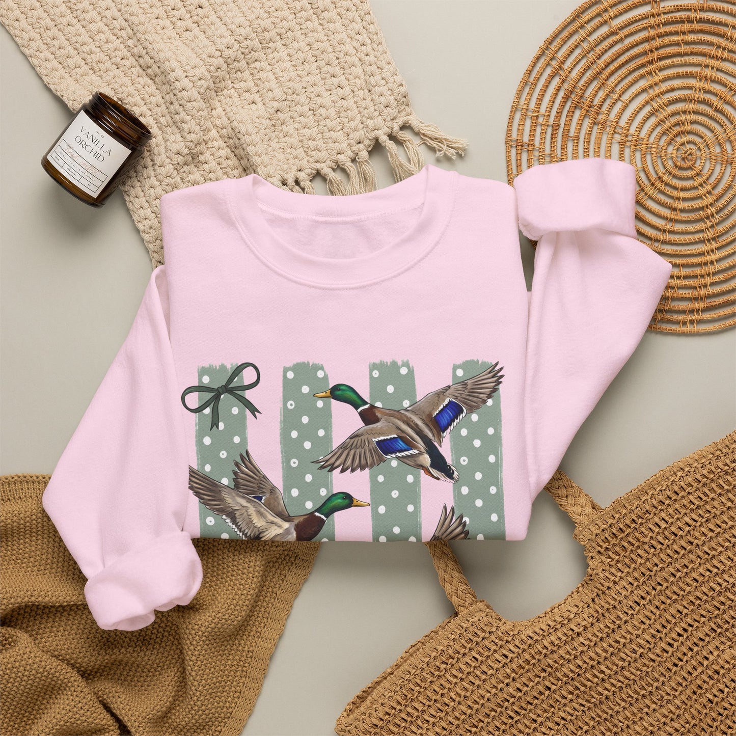 GILDAN - Mallard Duck Crewneck Sweatshirt — Polka Dot Stripe Waterfowl Graphic
