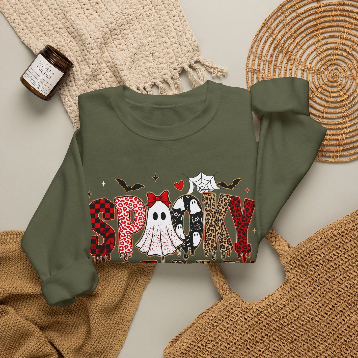 GILDAN - Spooky Mama Sweatshirt – Cute Halloween Ghost & Pumpkin Graphic Crewneck