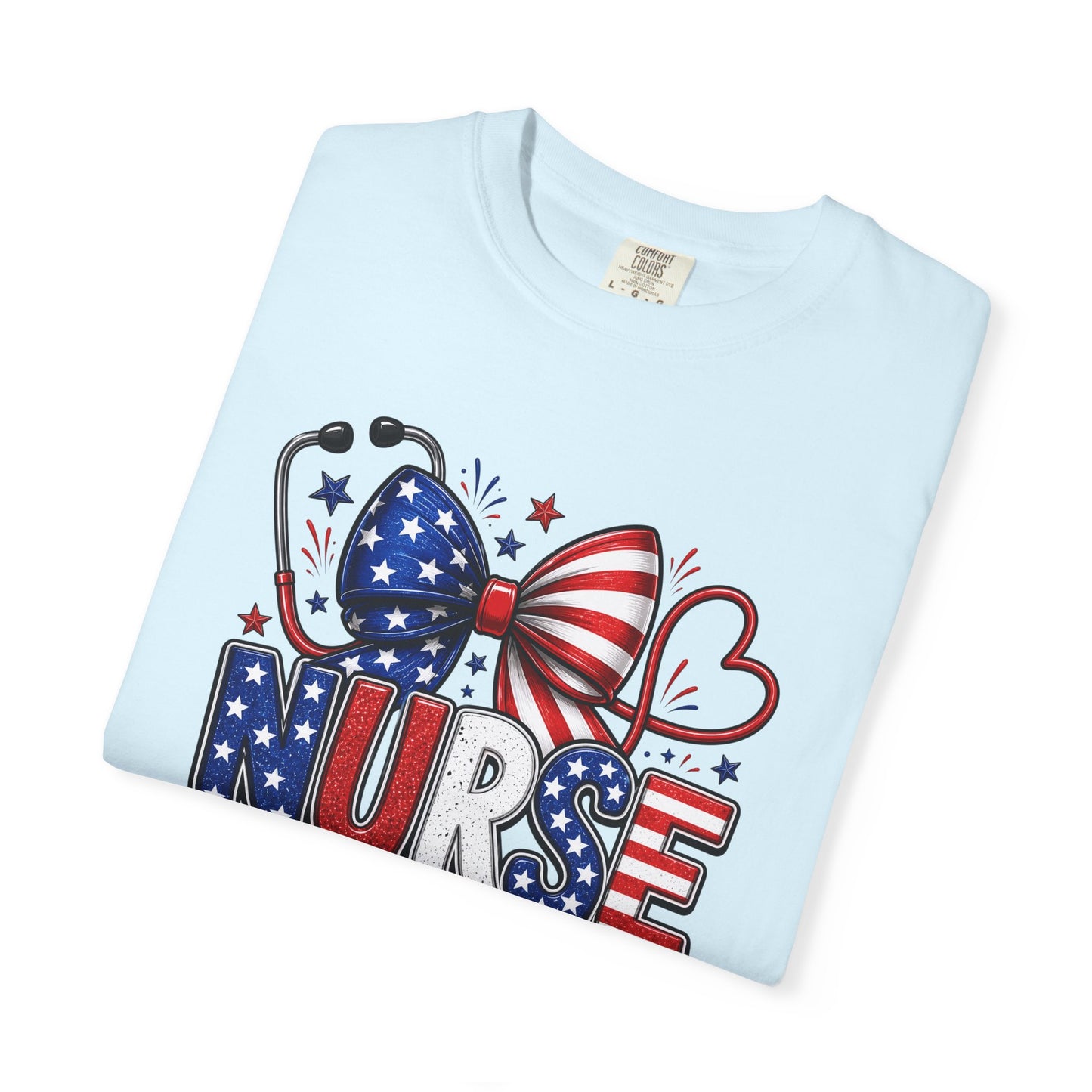 COMFORT COLORS - American Flag Nurse T-Shirt – Patriotic Stethoscope & Bow Healthcare Tee
