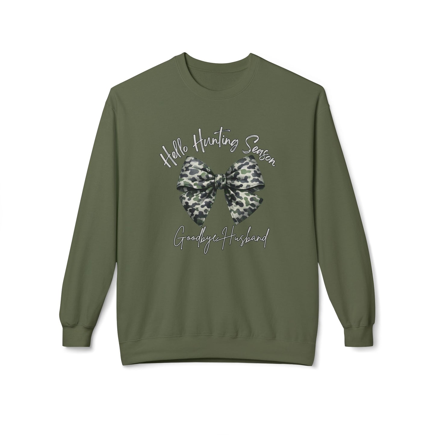GILDAN - Crewneck Sweatshirt - 'Hate Hunting Season, Goodbye Husband' Camo Bow Graphic