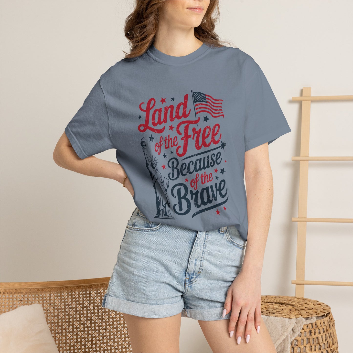 COMFORT COLORS - Land of the Free Because of the Brave T-Shirt — Patriotic Statue of Liberty Graphic Tee