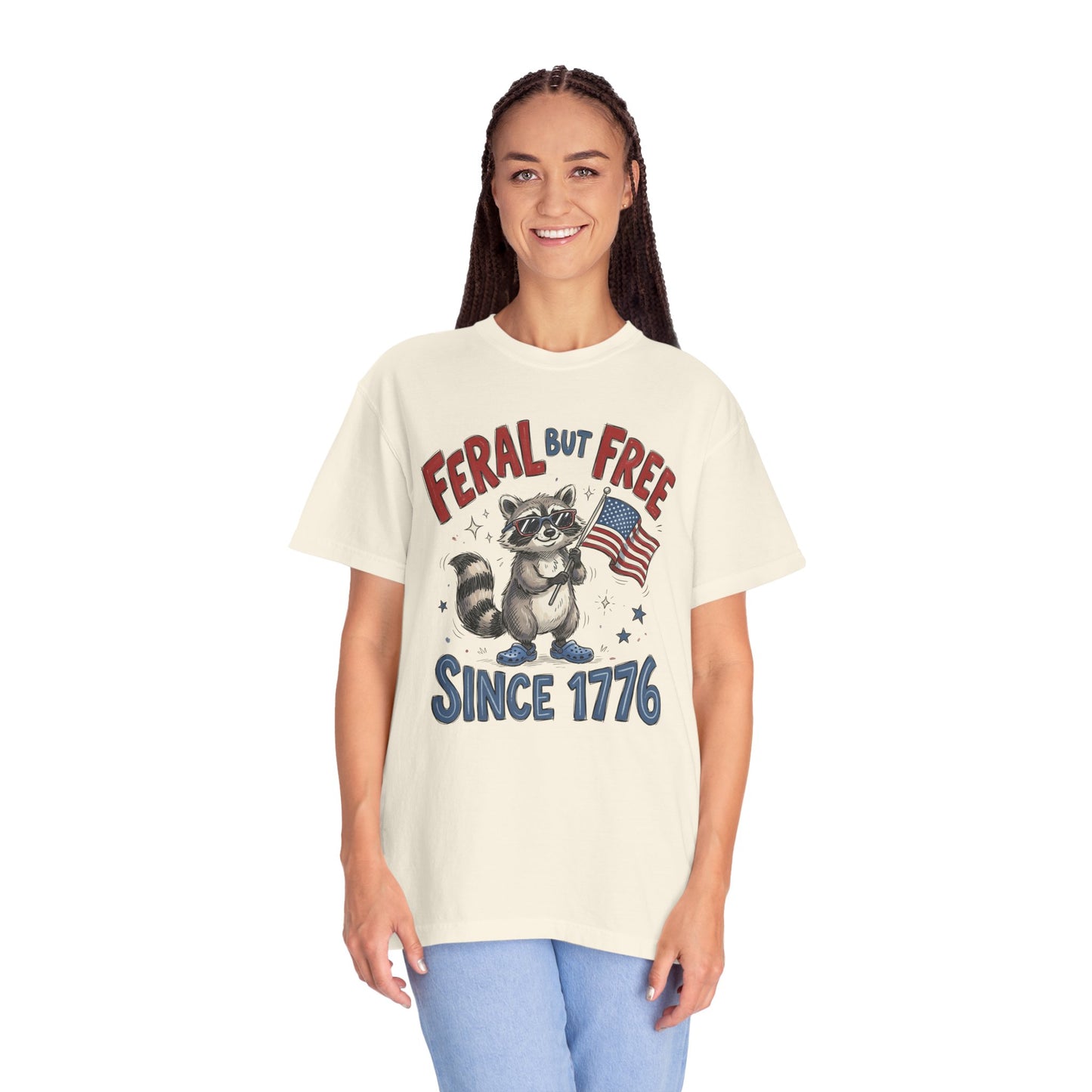 Feral But Free Since 1776 T-Shirt — Cute Raccoon American Flag Patriotic Tee