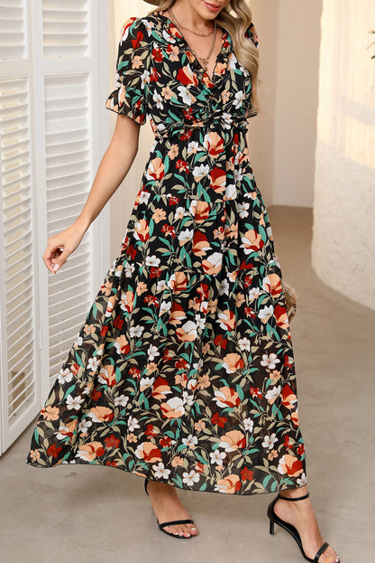 Multicolor Fiery Floral Print Frilled V Neck Short Sleeve Maxi Dress
