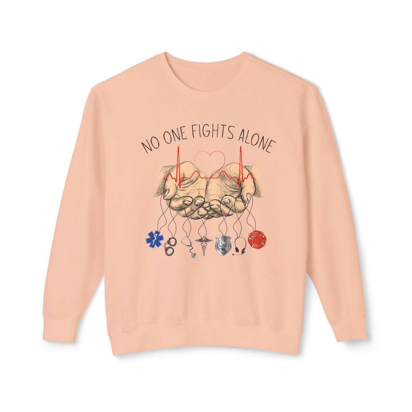 COMFORT COLORS -Crewneck Sweatshirt — "No One Fights Alone" Hands & Medical Symbols Support Pullover