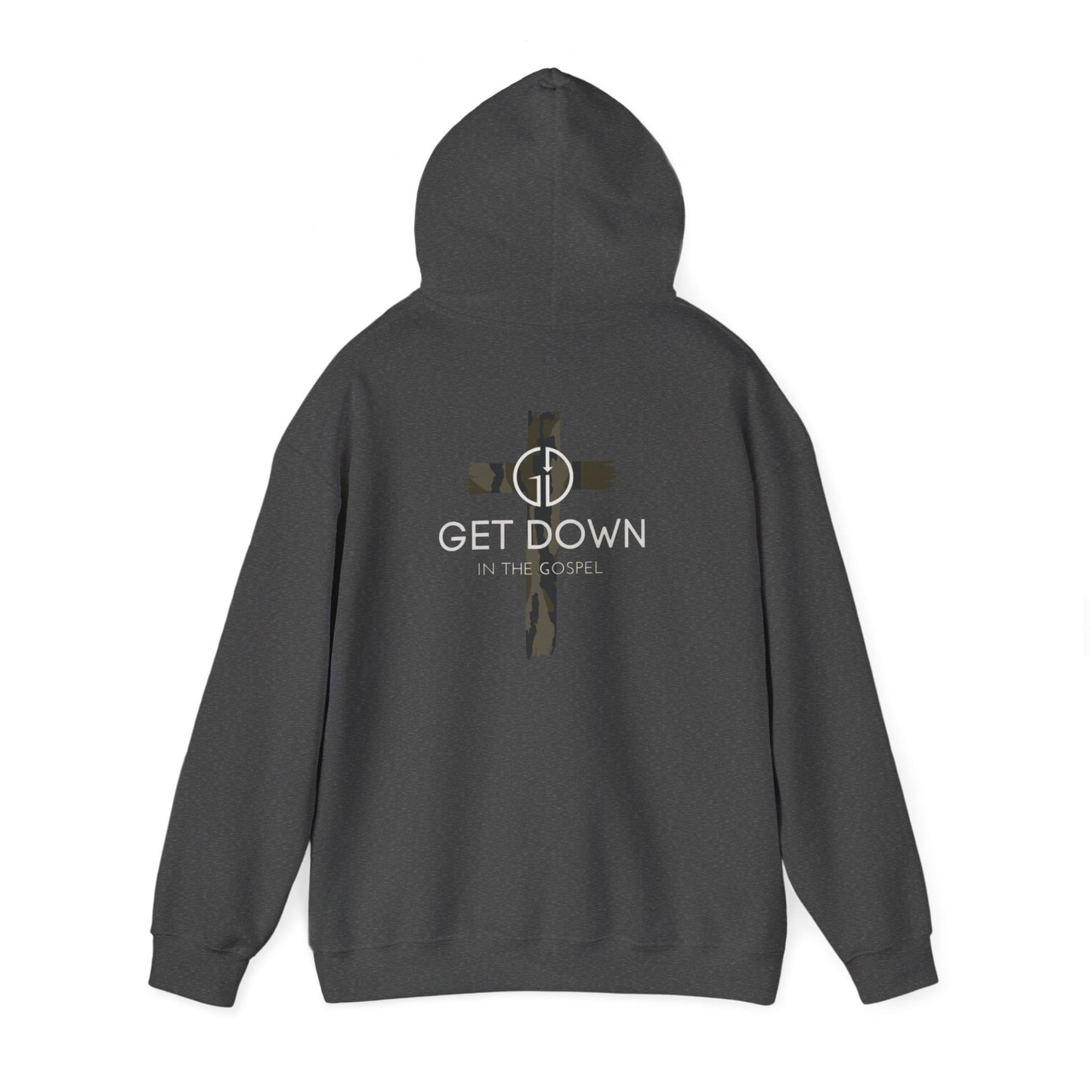 GET DOWN IN THE GOSPEL ADULT HOODIE GREEN CAMO CROSS