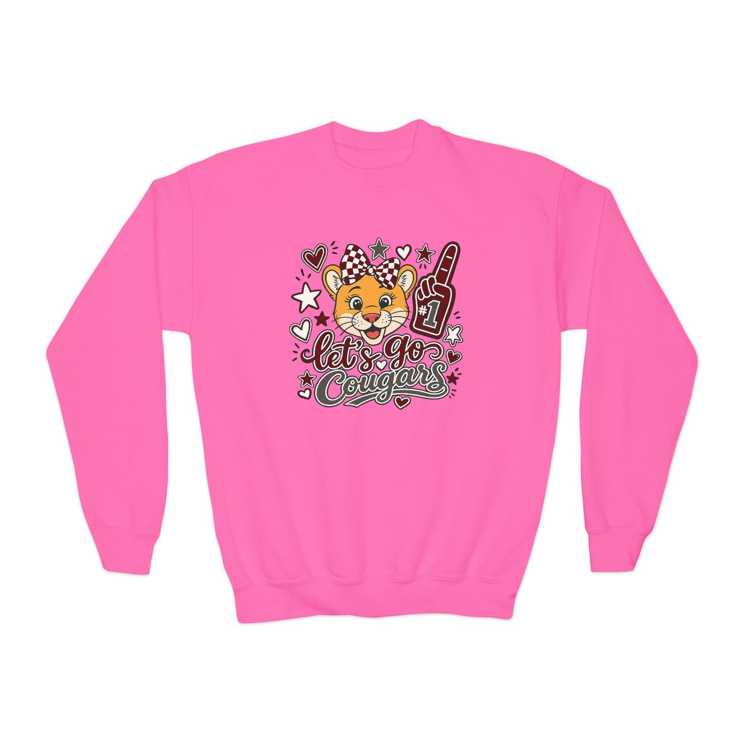 GILDAN - Youth Crewneck Sweatshirt — Cheerleader Tiger Mascot "Let's Go Cougars"
