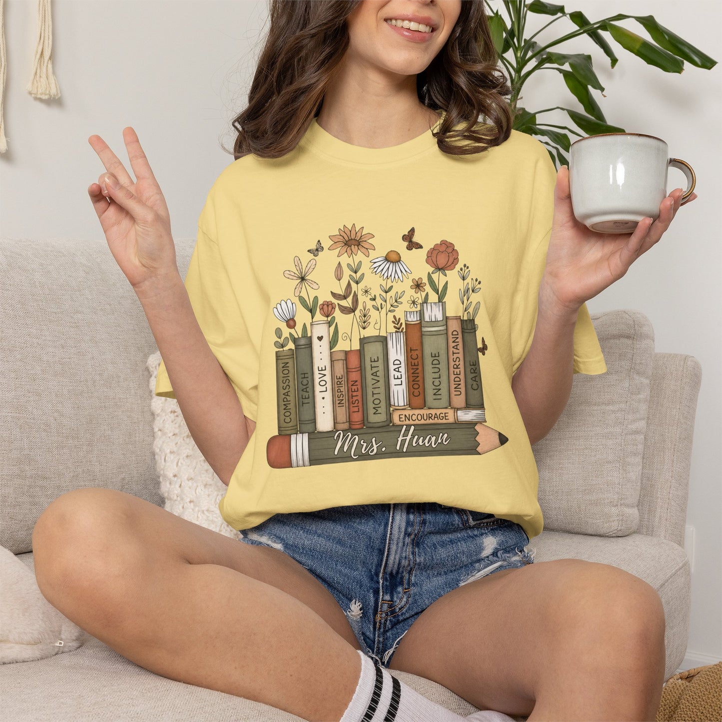 COMFORT COLORS - *** WANT TO PERSONALIZE THIS ?" - DO NOT ORDER THIS, PLEASE EMAIL ME @REFININGFAITHCOMPANY@GMAIL.COM*** Teacher Bookshelf T-Shirt – Personalized “Mrs. Hayes” Pencil & Floral Reading...