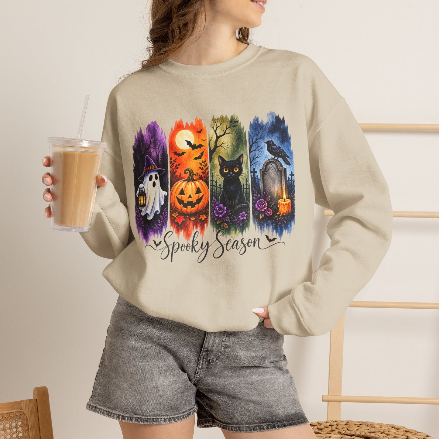GILDAN - Spooky Season Halloween Crewneck Sweatshirt — Ghost, Jack-O'-Lantern & Black Cat Design