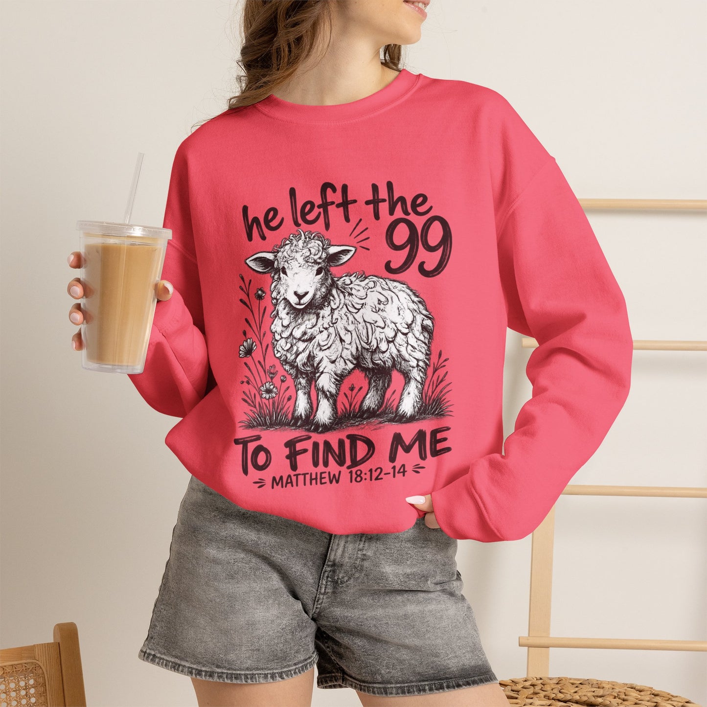 GILDAN - Christian Crewneck Sweatshirt — "He Left the 99 to Find Me" Lamb Graphic