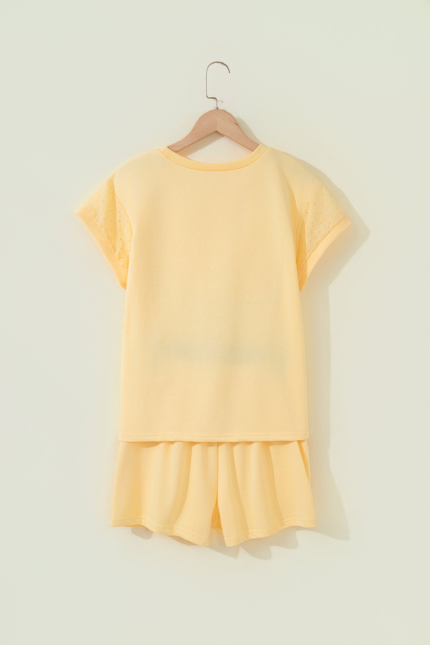 Yellow Eyelet Lace Patchwork Sleeve Short 2pcs Outfit