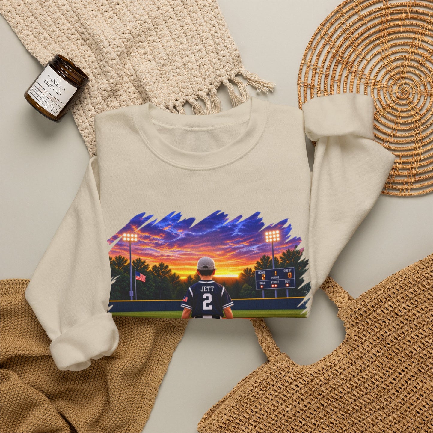 *** SPECIAL REQUEST - MORGAN JETT - GILDAN - Baseball Player Sunset Crewneck Sweatshirt — "Go Jack!" Team Spirit Crew