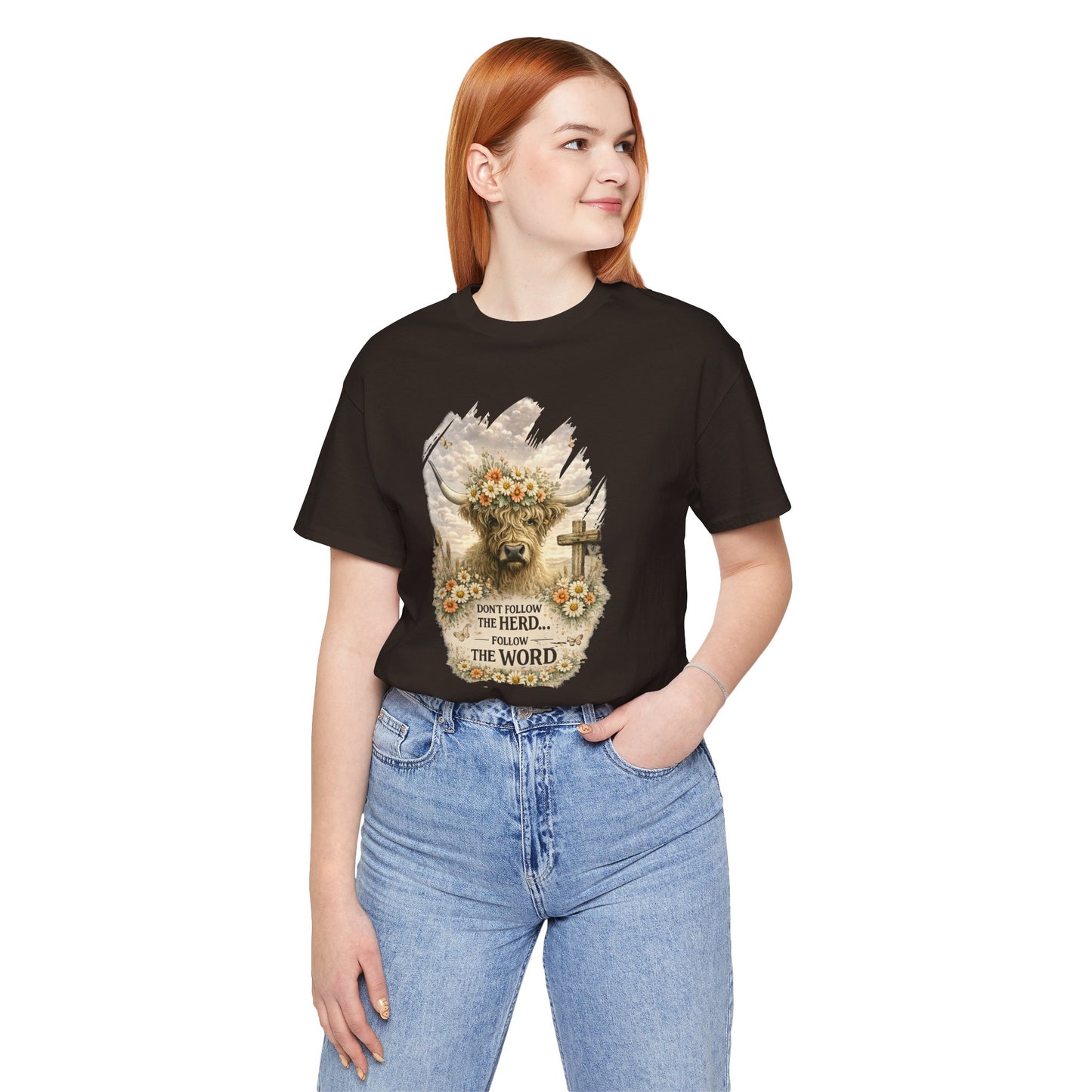 Christian Cow Graphic Tee - "Don't Follow the Herd, Follow the Word" Floral Cross T-Shirt