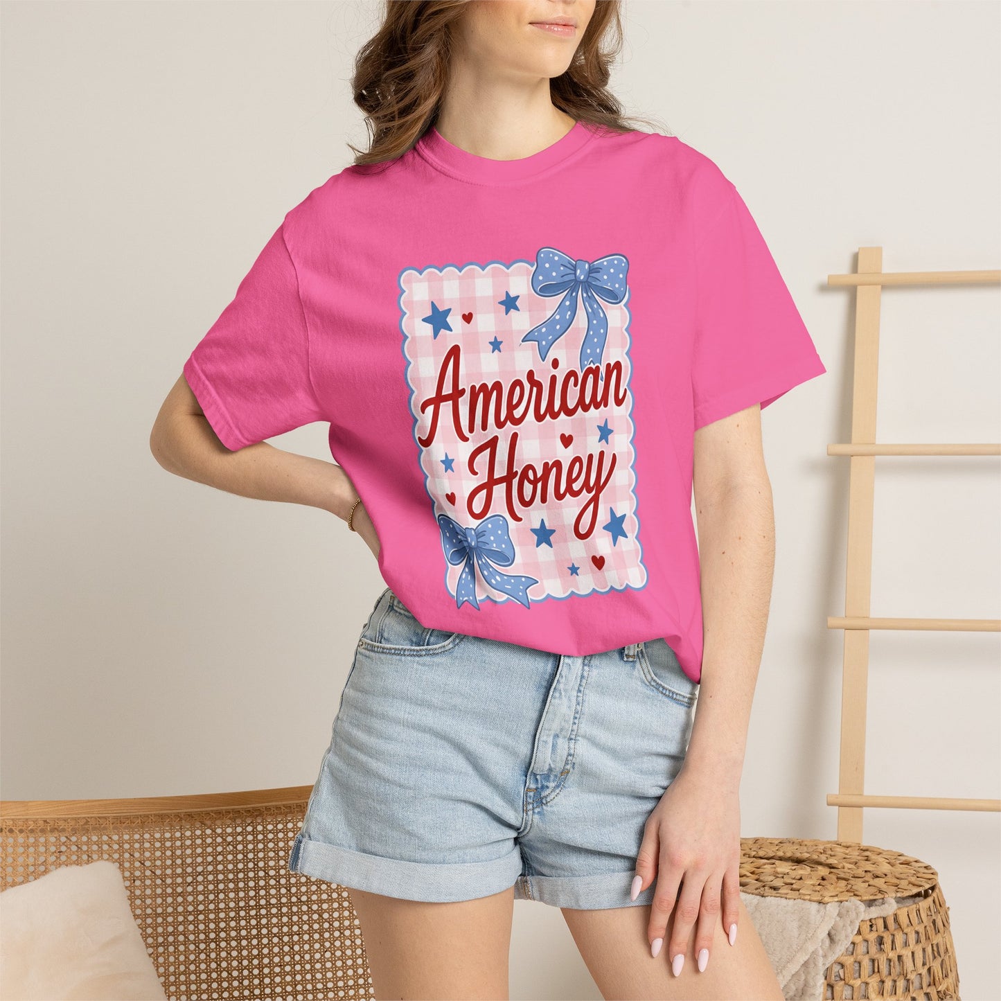 COMFORT COLORS - American Honey Graphic T-Shirt — Retro Patriotic Stars & Bows