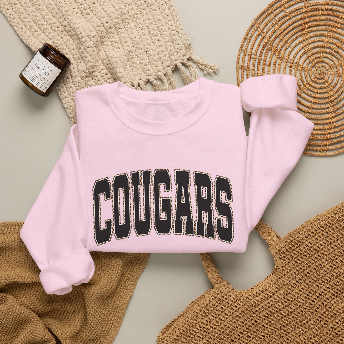 GILDAN - Cougars Crewneck Sweatshirt — BLACK LETTERS LEOPARD OUTLINE - Vintage Collegiate Team Pullover