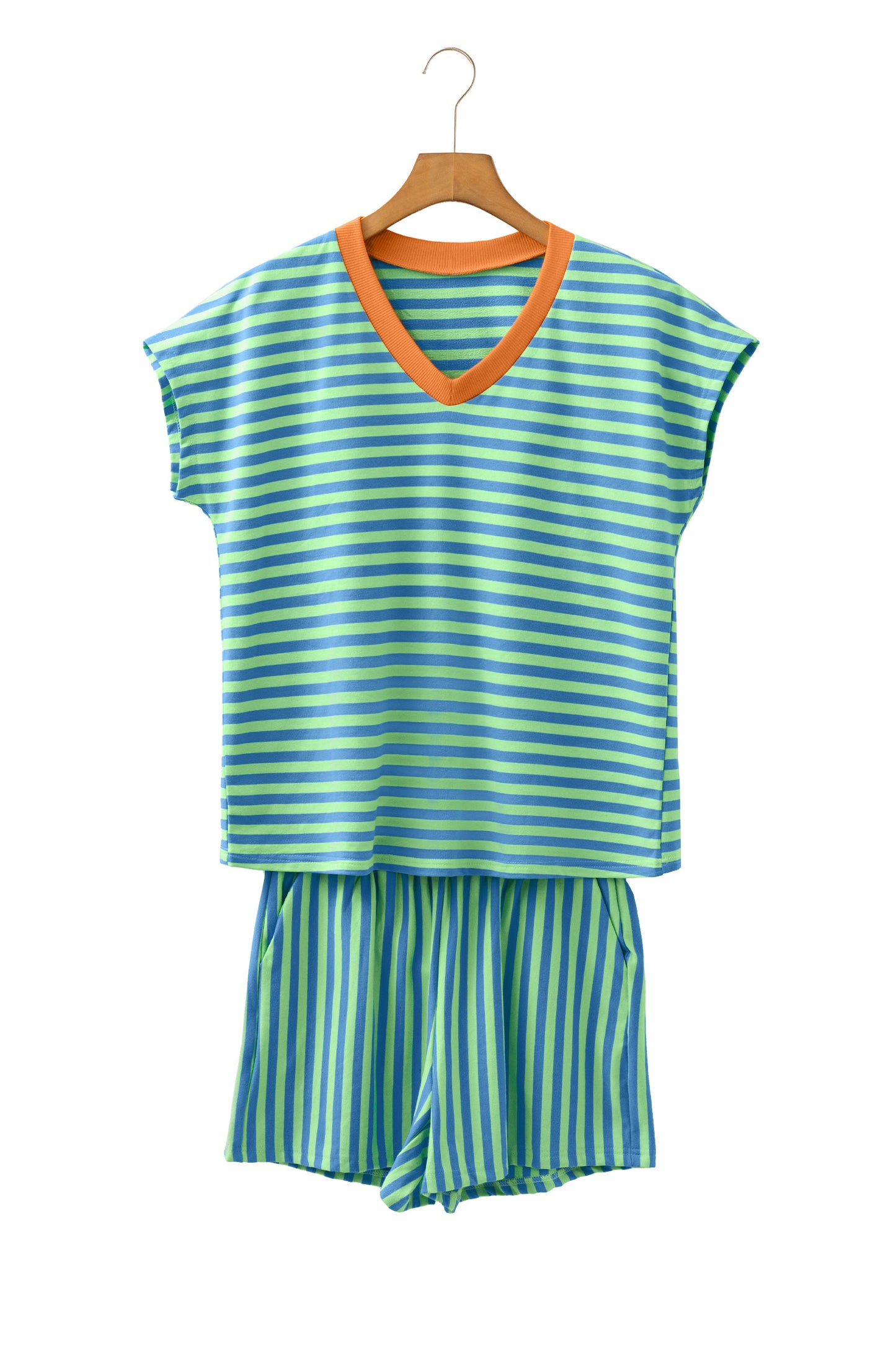 Red Stripe Colorblock Trim V Neck Tee Drawstring Elastic Waist Short Set