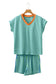 Red Stripe Colorblock Trim V Neck Tee Drawstring Elastic Waist Short Set