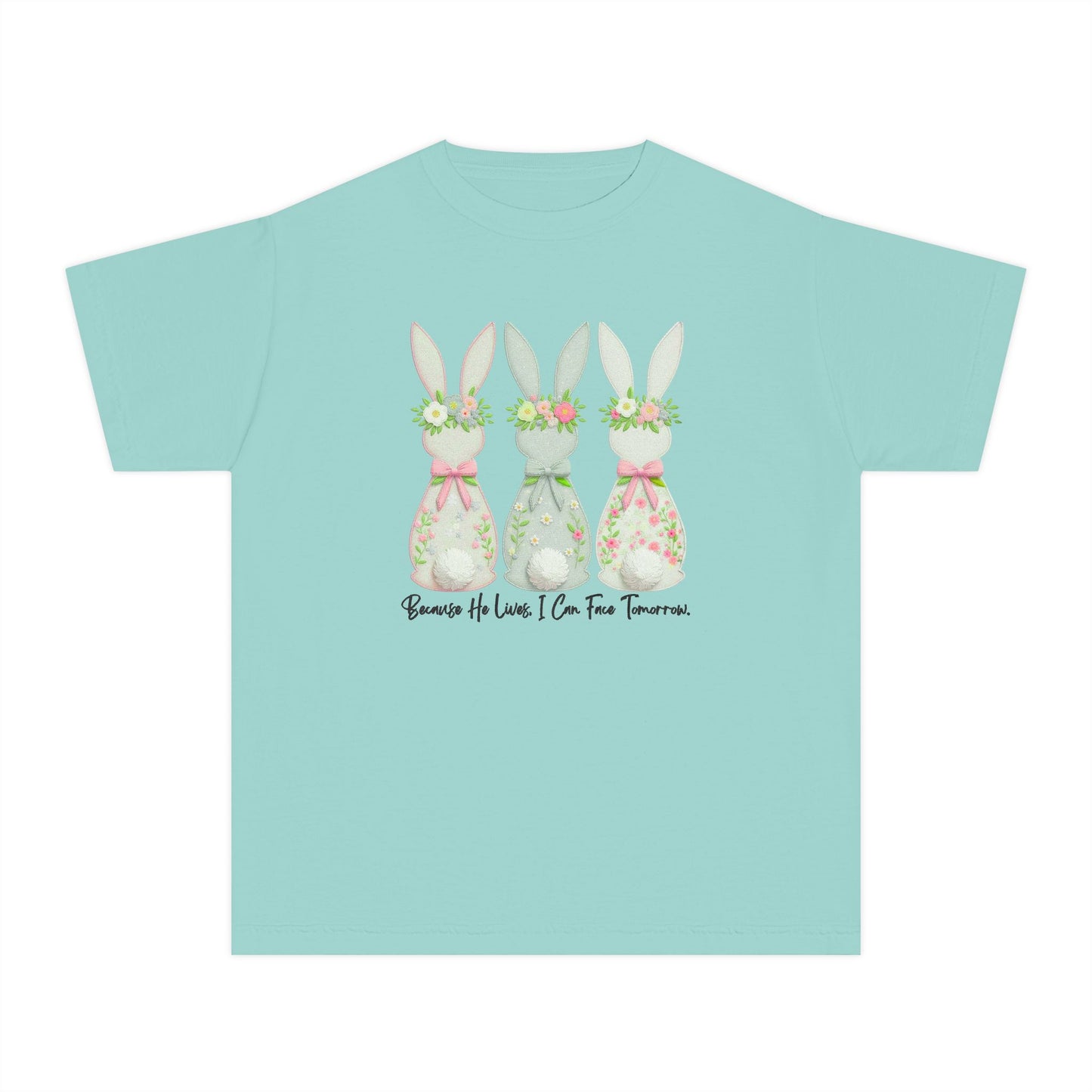 COMFORT COLORS - Easter Floral Bunny Youth Tee — 'Because He Lives'