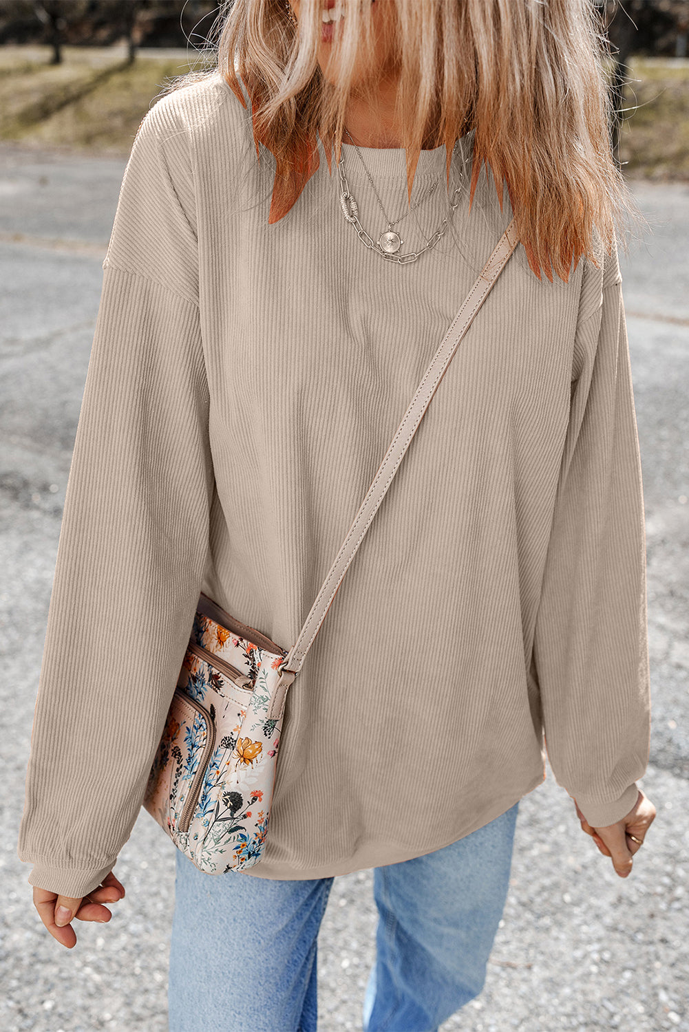 Strawberry Pink Ribbed Corduroy Oversized Sweatshirt