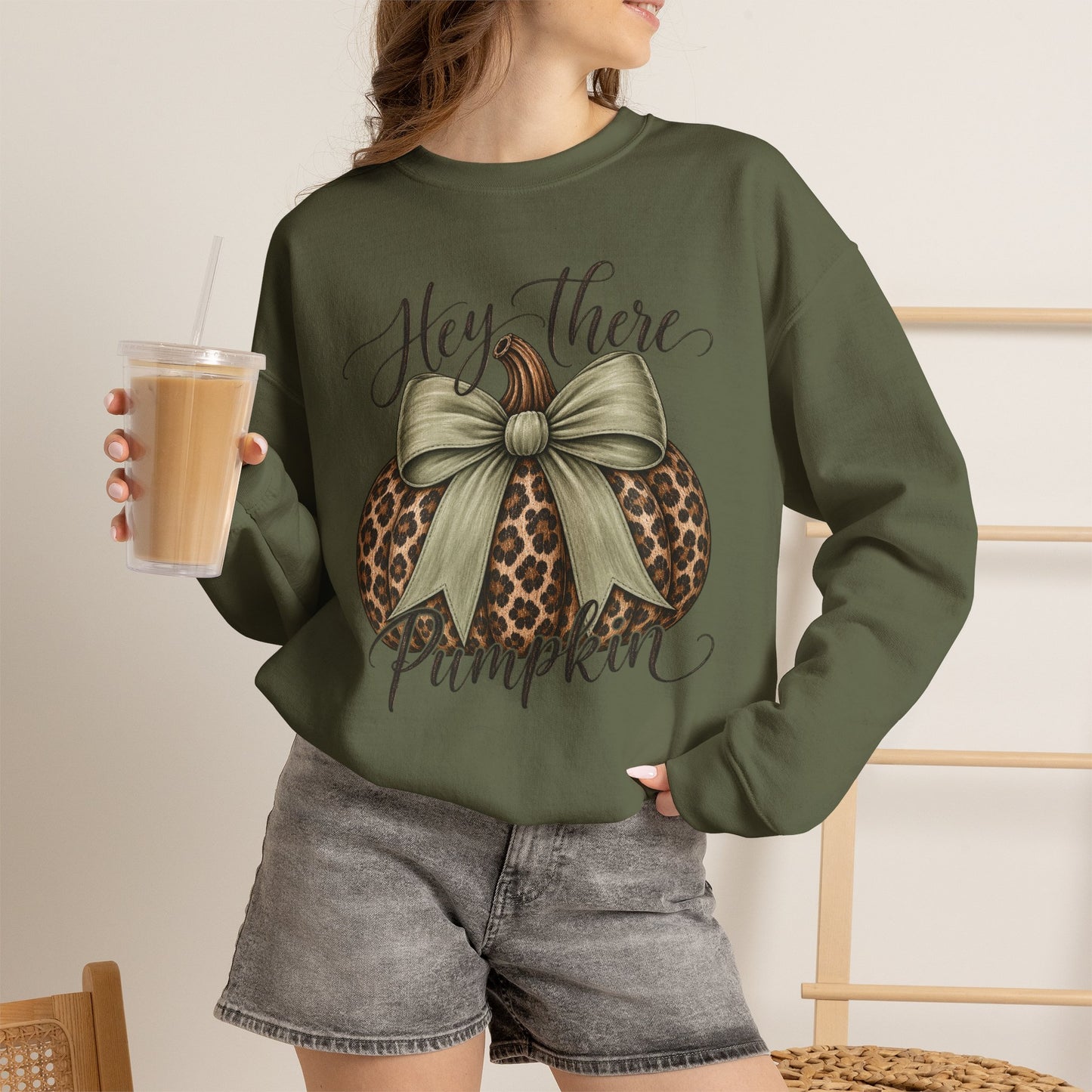GILDAN - Hey There Pumpkin Sweatshirt — Leopard Pumpkin with Olive Bow Fall Crewneck