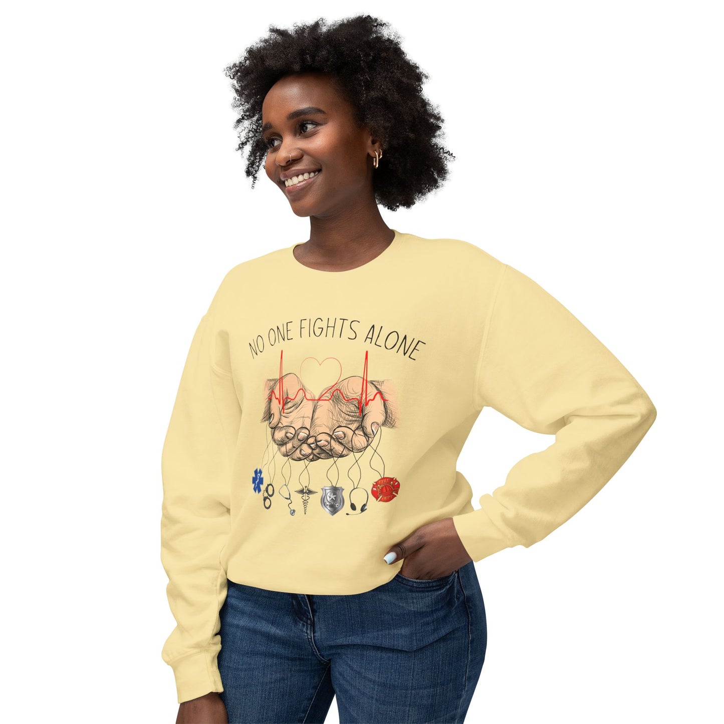 COMFORT COLORS -Crewneck Sweatshirt — "No One Fights Alone" Hands & Medical Symbols Support Pullover