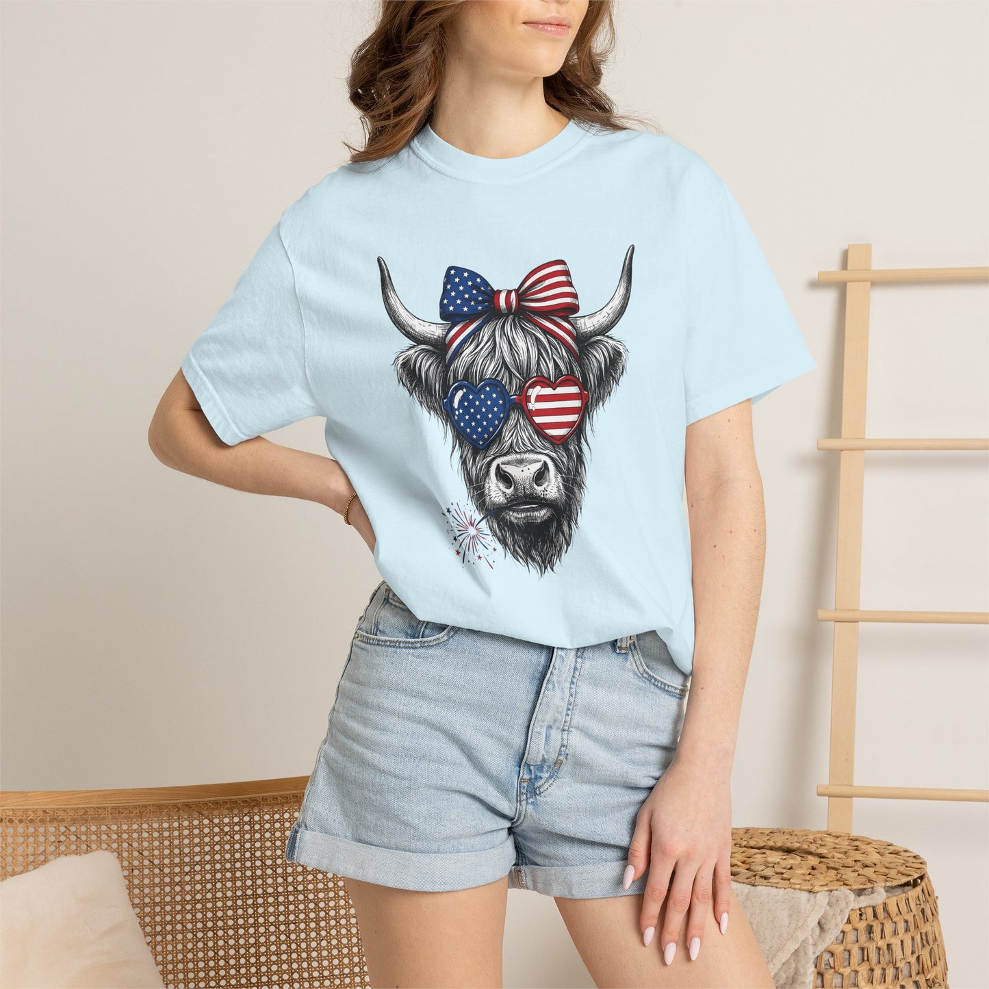 COMFORT COLORS - Patriotic Highland Cow T-Shirt — American Flag Heart Sunglasses