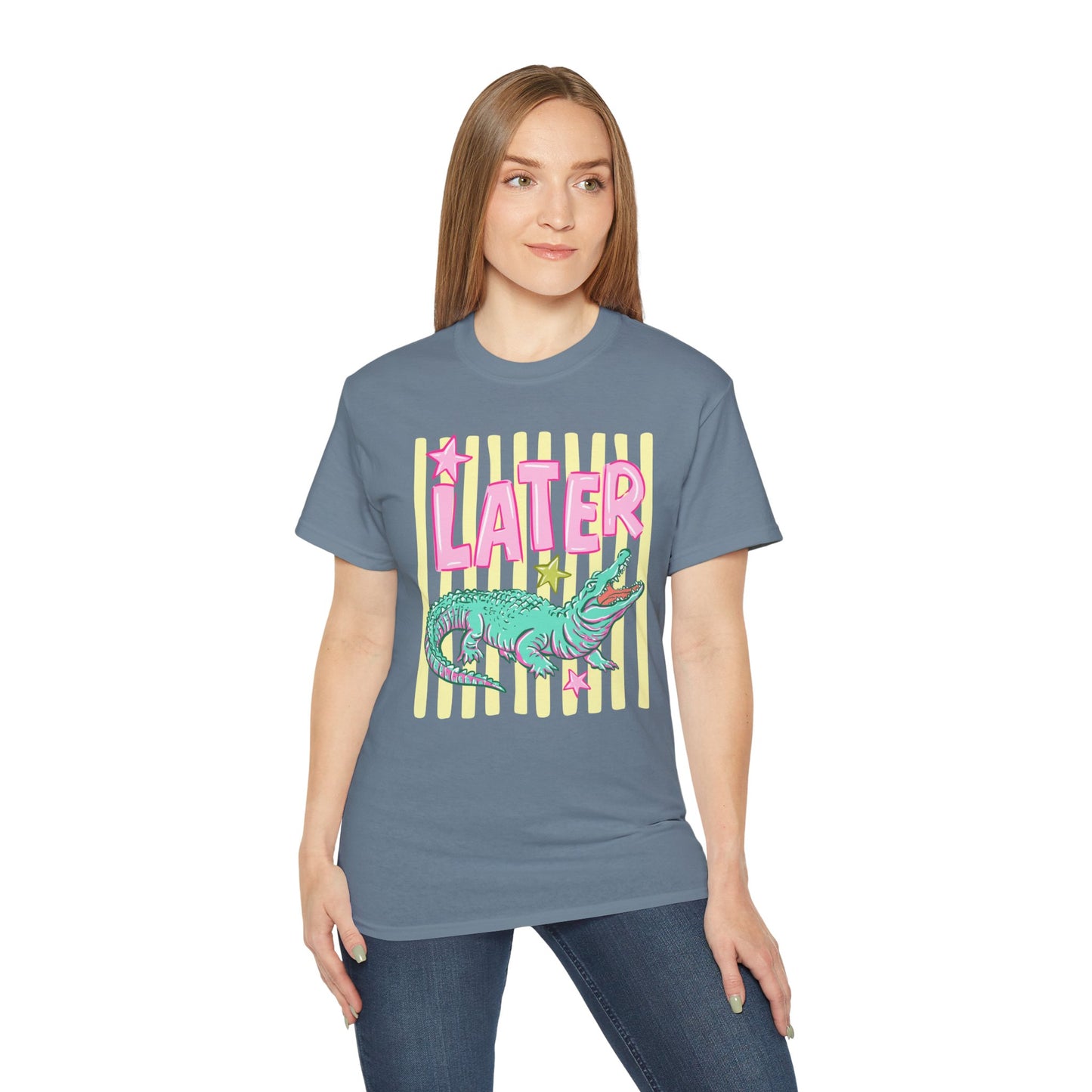 Later Alligator T‑Shirt — Retro Pink & Teal Gator Graphic Tee