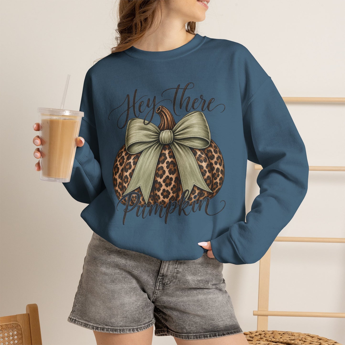 GILDAN - Hey There Pumpkin Sweatshirt — Leopard Pumpkin with Olive Bow Fall Crewneck