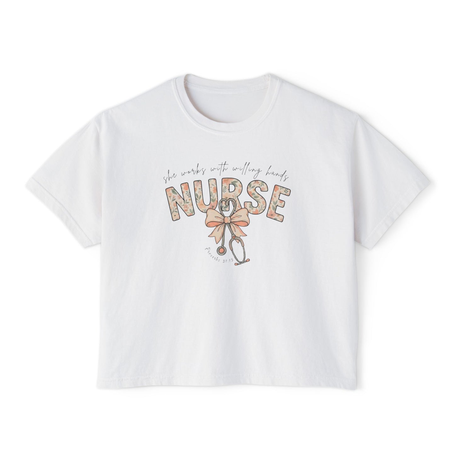 COMFORT COLOR - Nurse Boxy Tee — Floral Stethoscope Graphic for Women, "Nurse" Gift