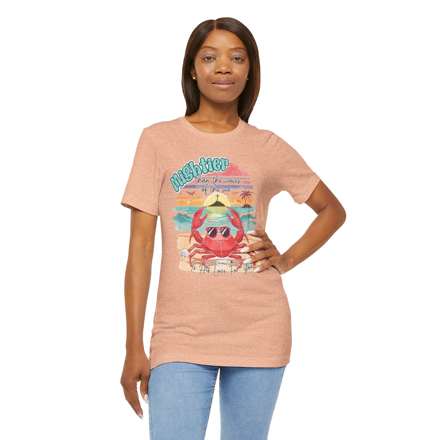 BELLA CANVAS  - Crabby Beach Vibes T‑Shirt — "Mightier" Retro Sunset Crab Tee