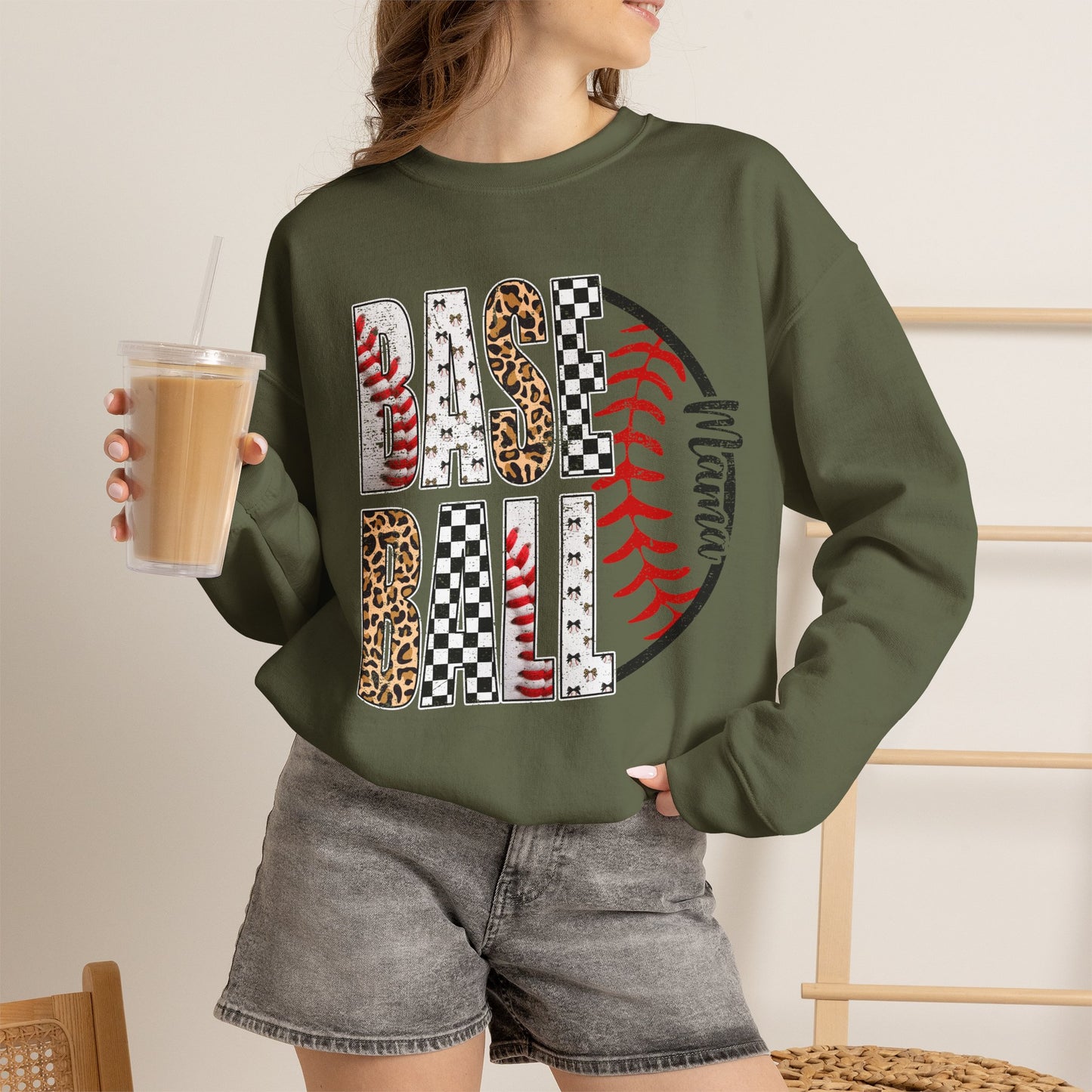 GILDAN - Baseball Leopard Print Crewneck Sweatshirt