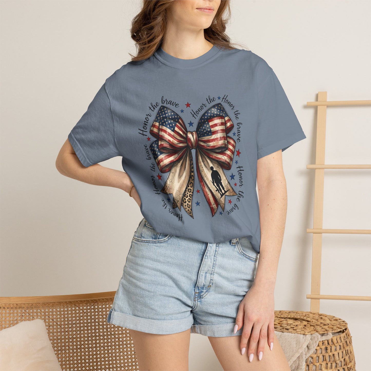 COMFORT COLORS - Patriotic American Flag Bow T-Shirt — "Home of the Brave" Fourth of July Tee