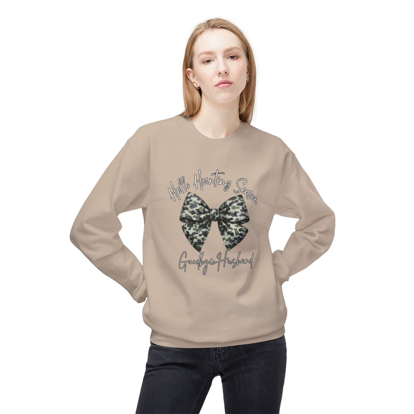 GILDAN - Crewneck Sweatshirt - 'Hate Hunting Season, Goodbye Husband' Camo Bow Graphic