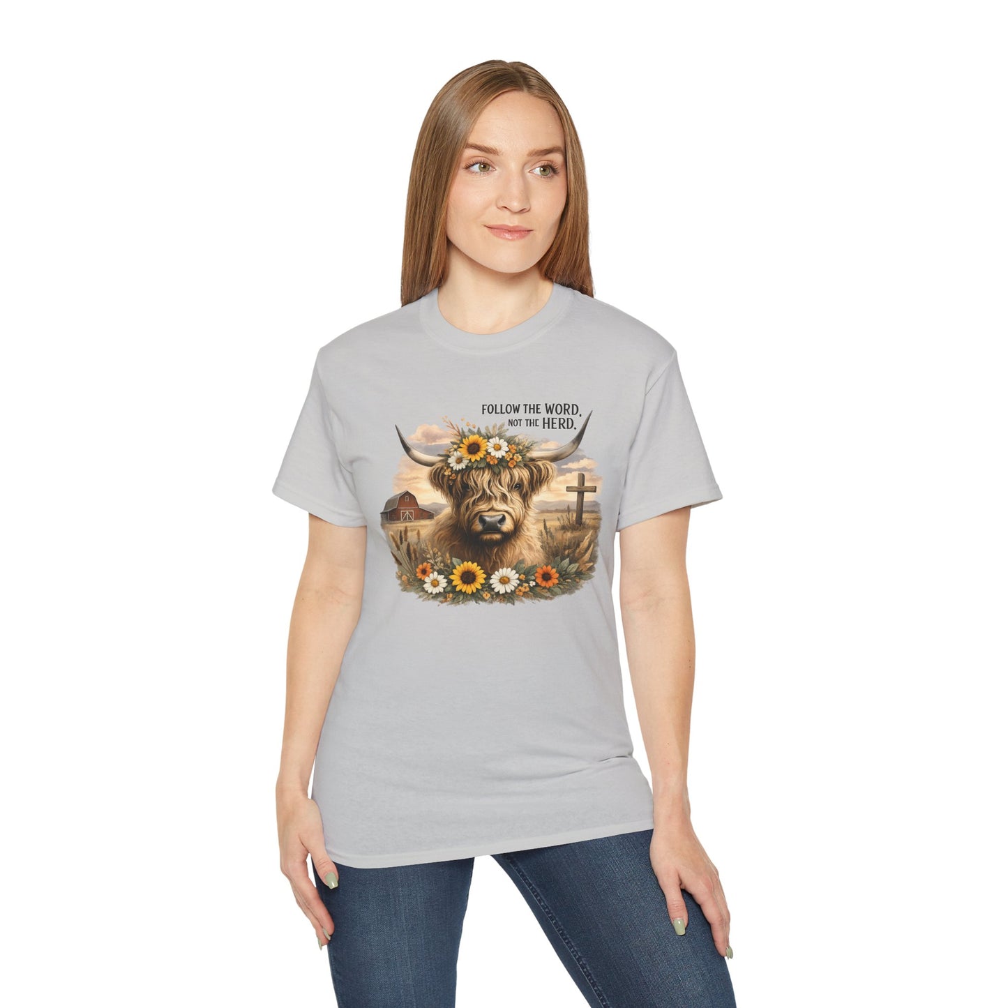 Cow Floral Tee — "Follow the Word, Not the Herd" Graphic T-Shirt
