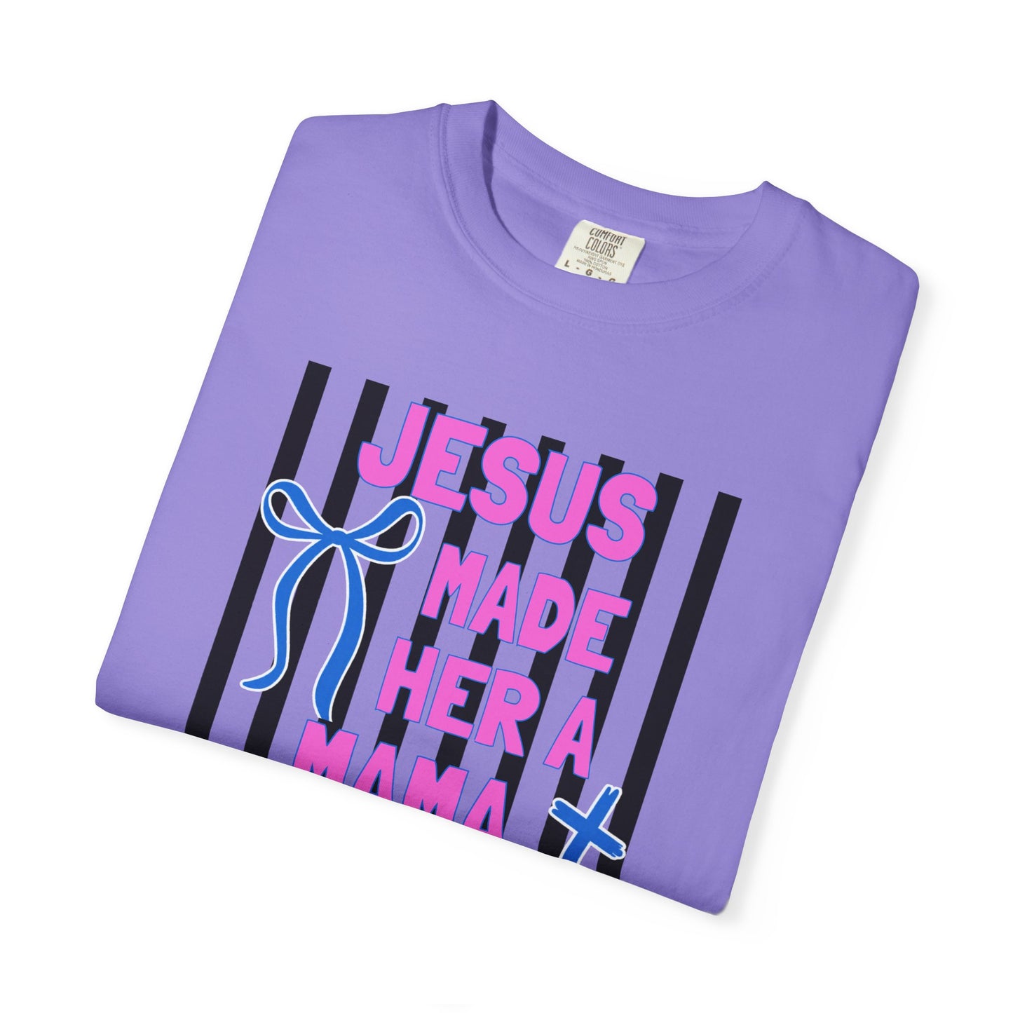 Jesus Made Her a Mama T-Shirt — Christian Mom Tee (Pink & Blue Ribbon)