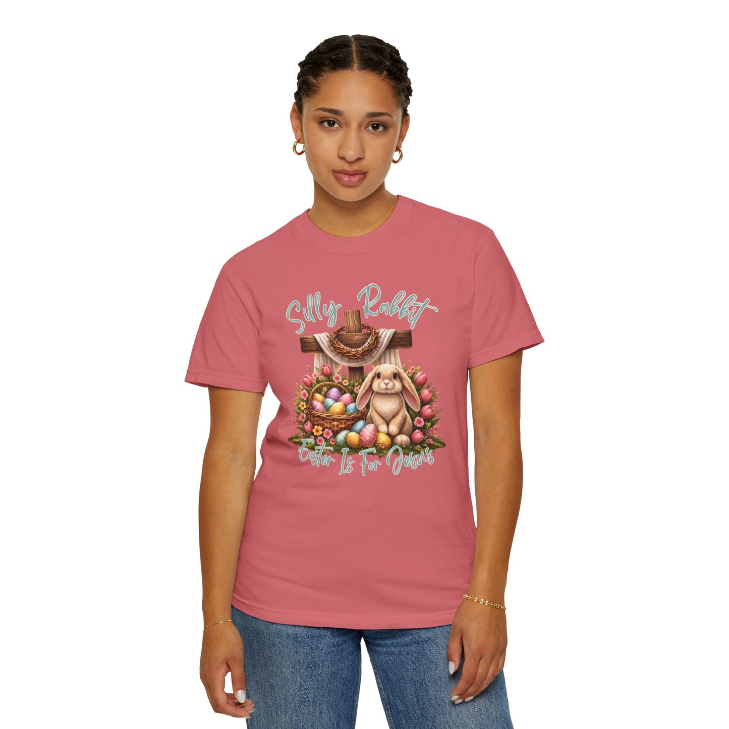 COMFORT COLORS -  Silly Rabbit Easter Bunny T-shirt | Pastel Eggs, Basket, Cross Back Print