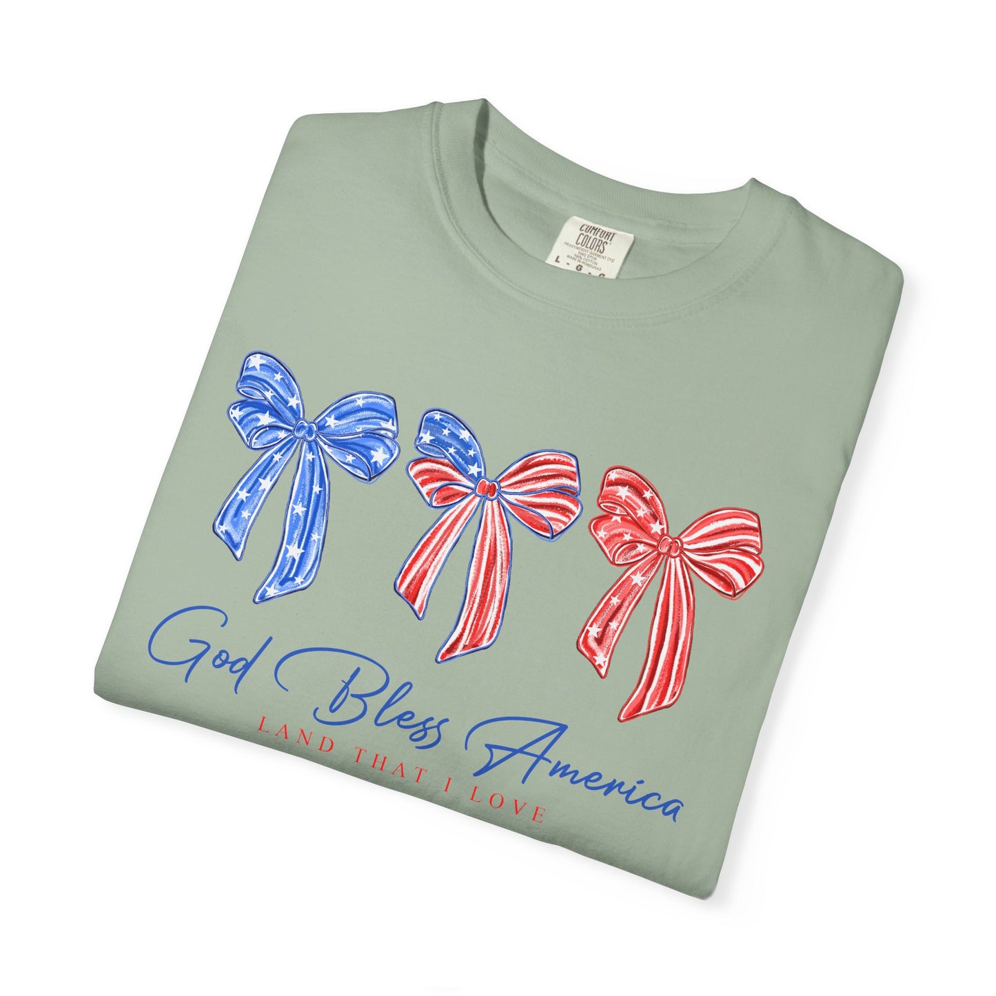 God Bless America Patriotic T-Shirt — Red, White & Blue Bow Design