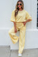 Sachet Pink Lace Patchwork Half Sleeve Top Elastic Waist Pants Two Piece Set