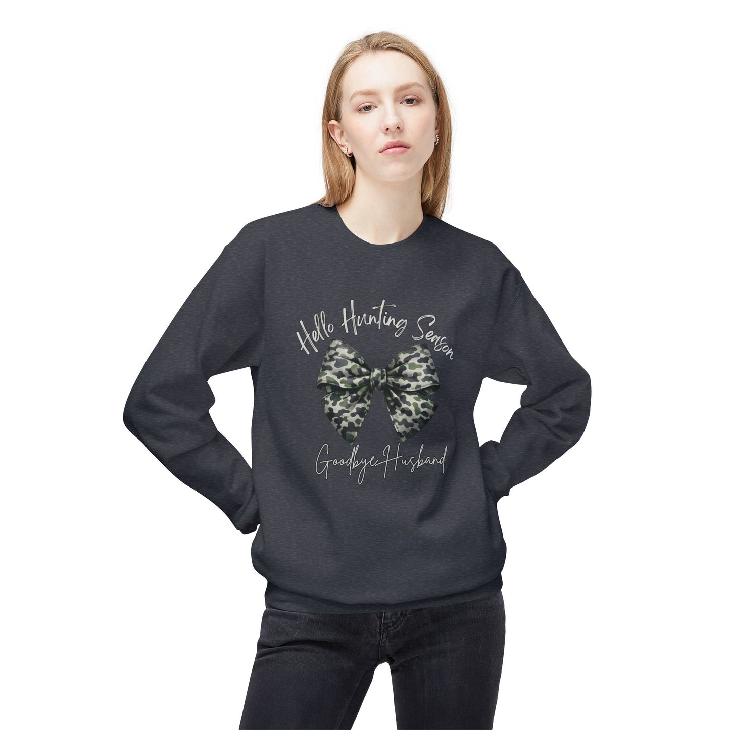 GILDAN - Crewneck Sweatshirt - 'Hate Hunting Season, Goodbye Husband' Camo Bow Graphic