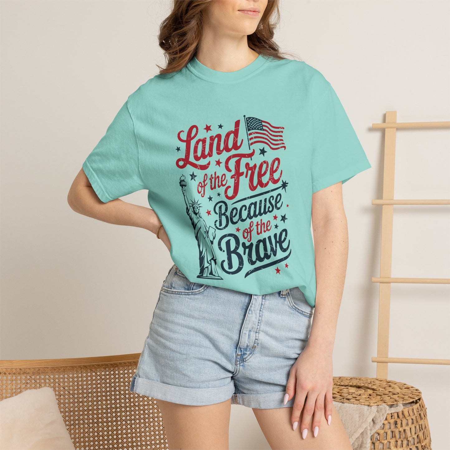 COMFORT COLORS - Land of the Free Because of the Brave T-Shirt — Patriotic Statue of Liberty Graphic Tee
