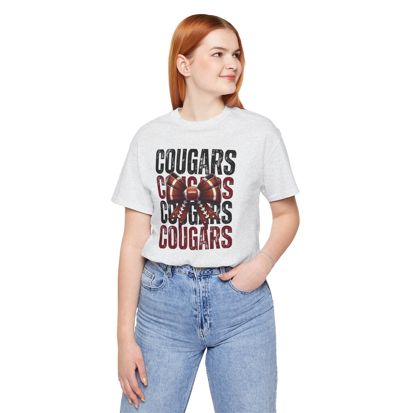 BELLA CANVAS - Cougars Football Tee – Vintage Stacked Design with Football Bow