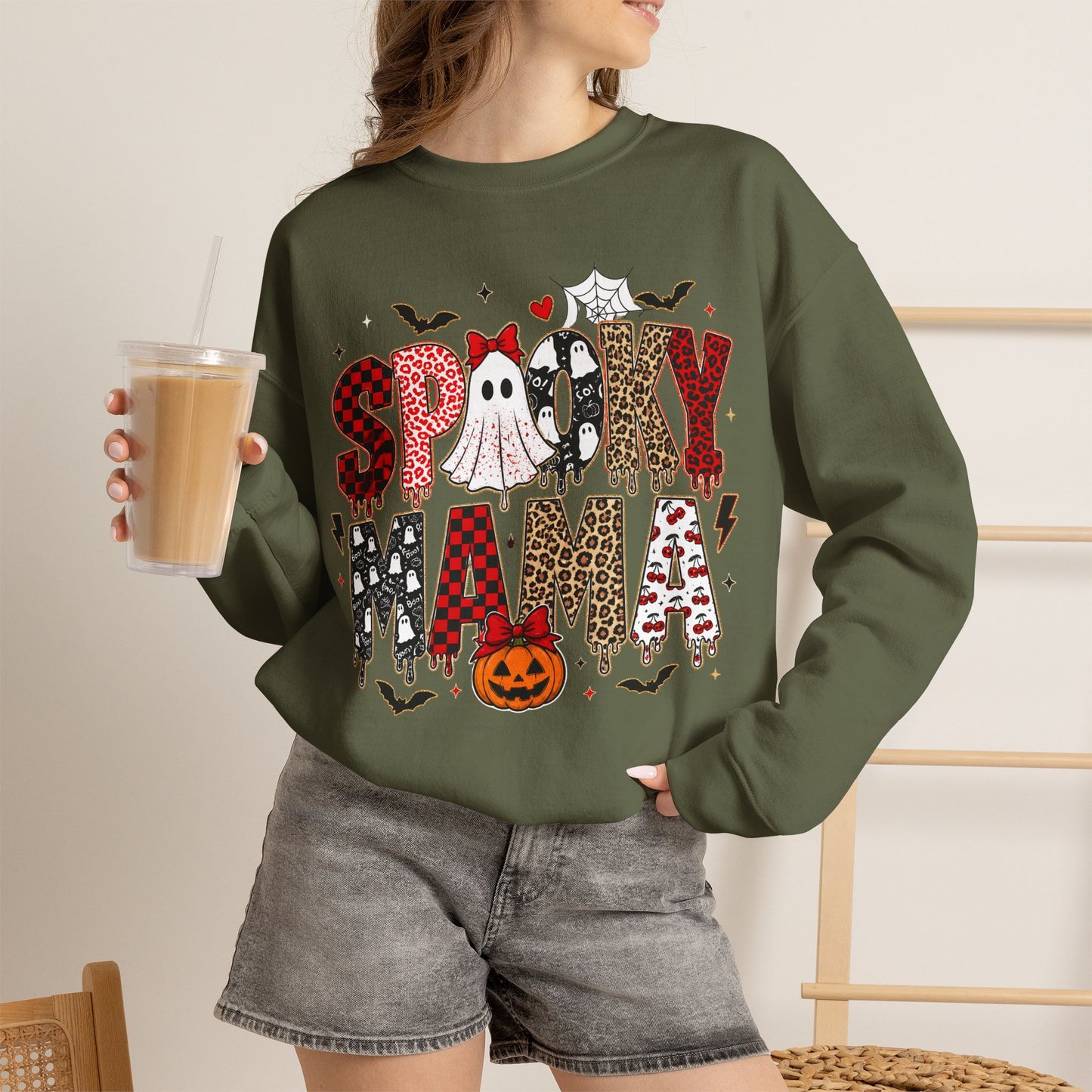 GILDAN - Spooky Mama Sweatshirt – Cute Halloween Ghost & Pumpkin Graphic Crewneck