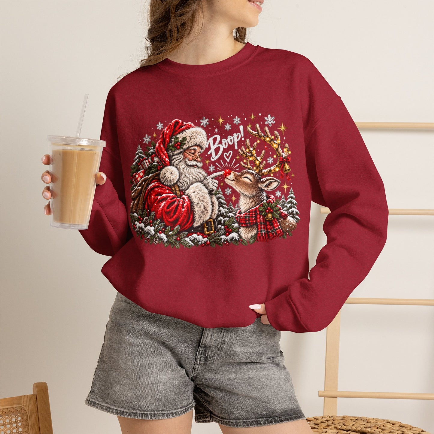 GILDAN - Christmas Santa and Reindeer Crewneck Sweatshirt