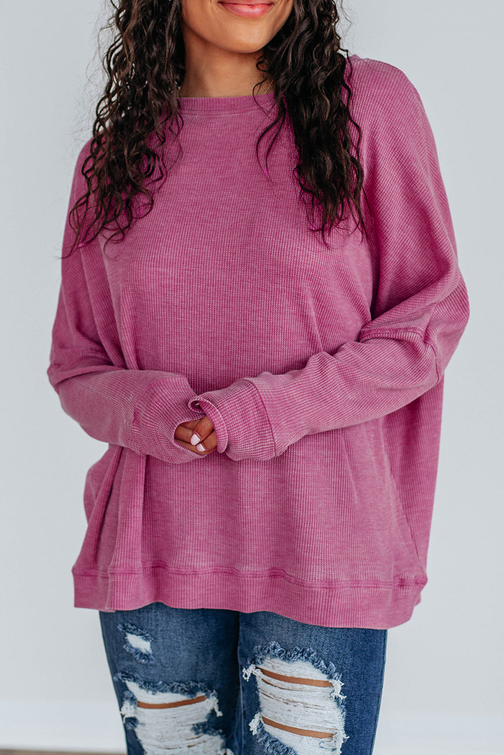 Dark Grey Waffle Knit Patchwork Long Sleeve Loose Top