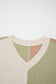 Green Plus Mixed Texture Color Block Patchwork V Neck Long Sleeve Top