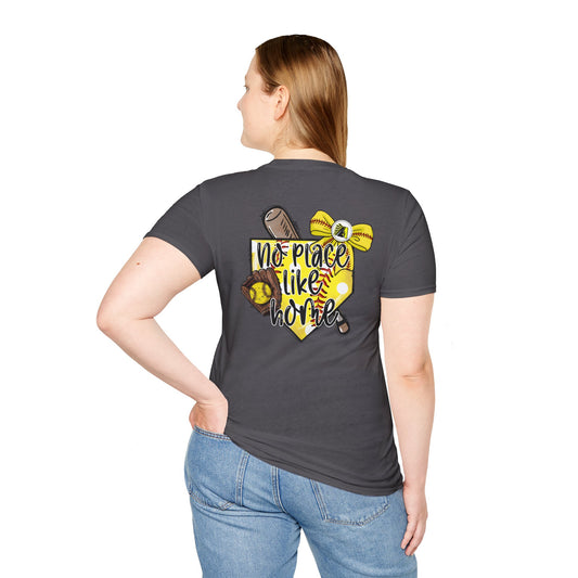 Softball T-Shirt — "No Place Like Home" Yellow Glove & Bat Design