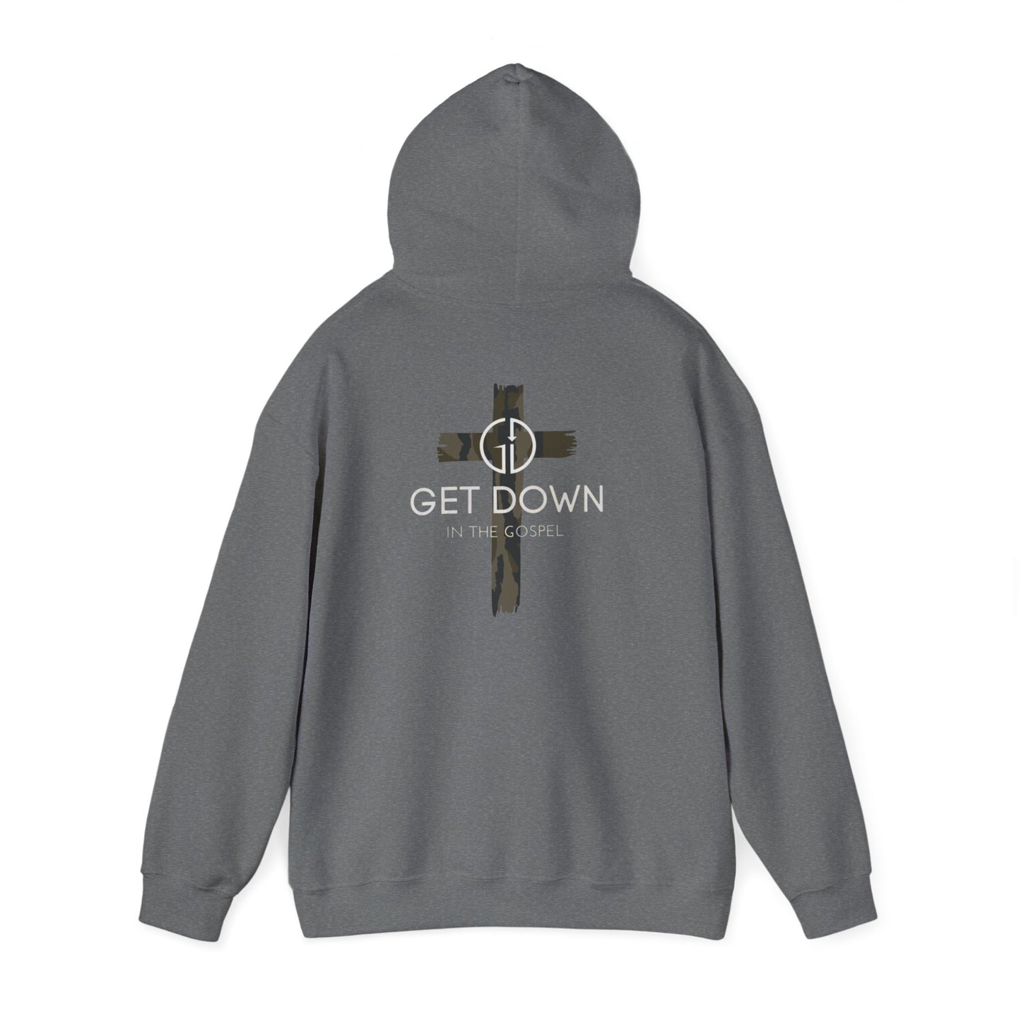 GET DOWN IN THE GOSPEL ADULT HOODIE GREEN CAMO CROSS